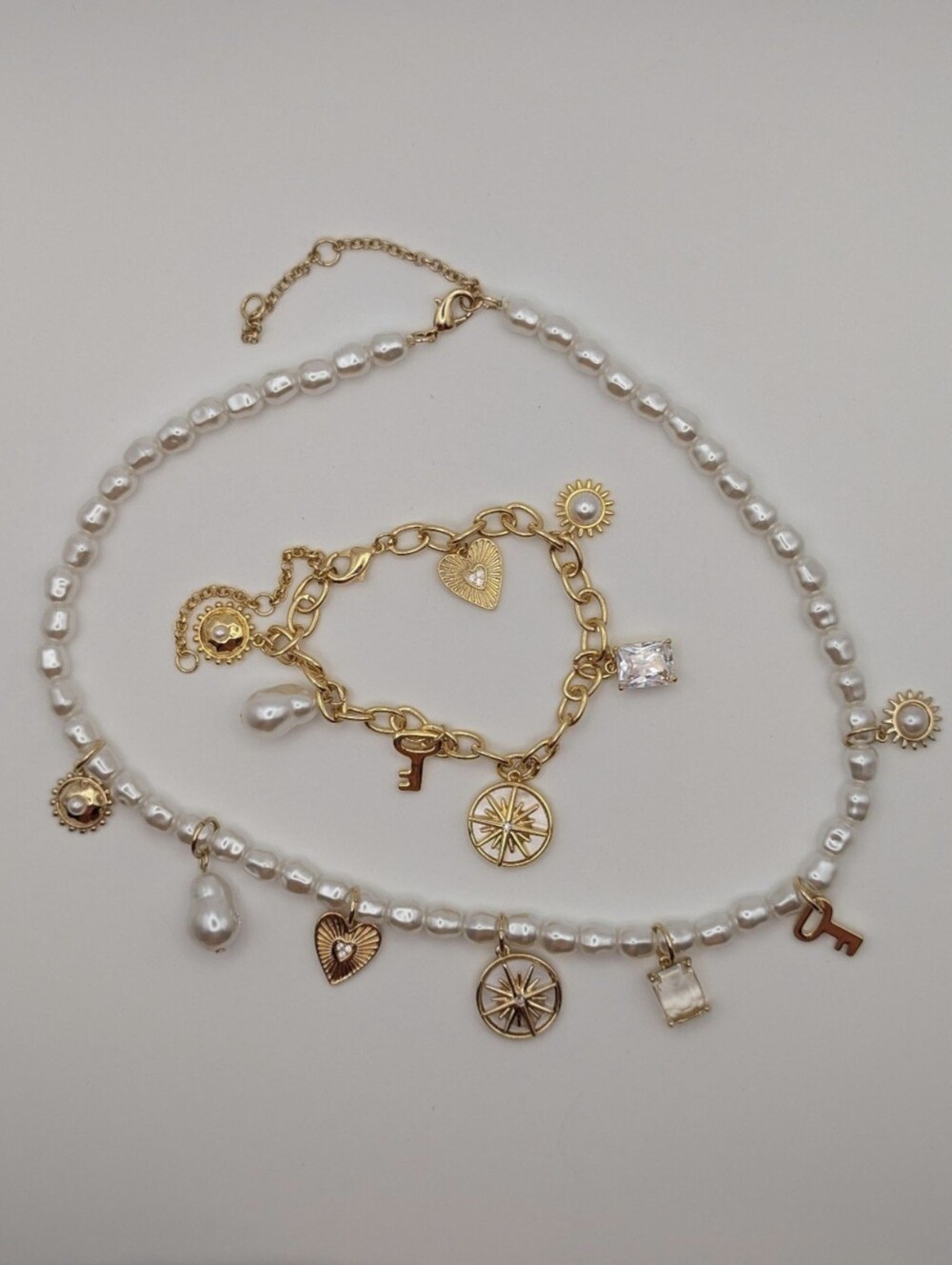 Gold Charm Faux Pearl Necklace & Bracelet Set  with Gold Charms